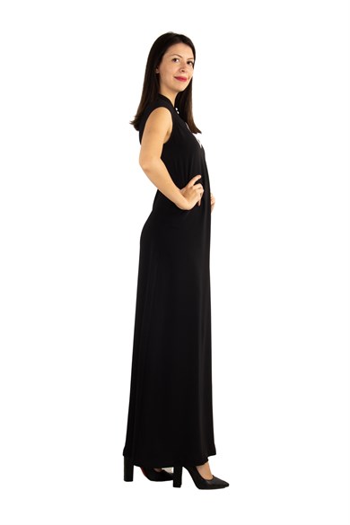 High Neck Low-Cut Cap Sleeve Maxi Dress - Black