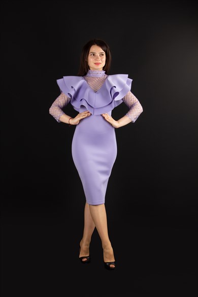 High Neck Ruffle Chest Lace Detail Scuba Dress - Lilac