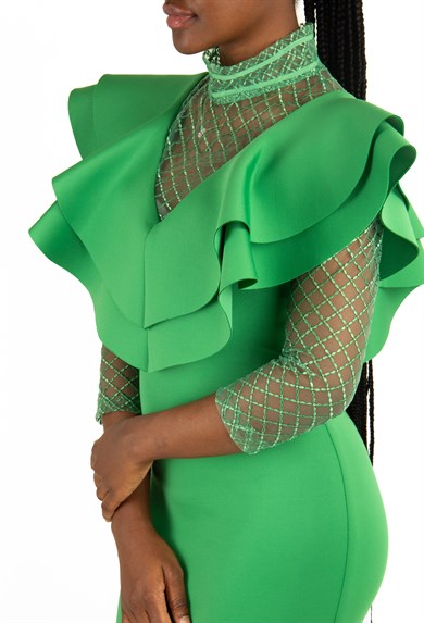 High Neck Ruffle Chest Lace Detail Scuba Dress - Grass Green