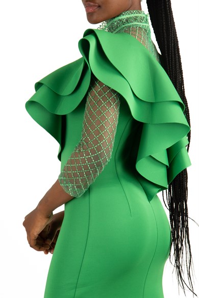 High Neck Ruffle Chest Lace Detail Scuba Dress - Grass Green