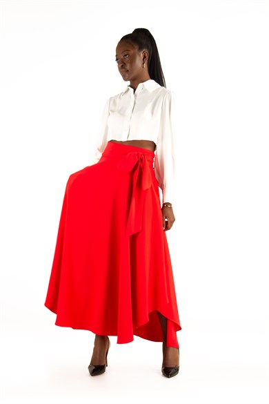 High Waisted Flared Asymmetric Skirt With Belt - Red