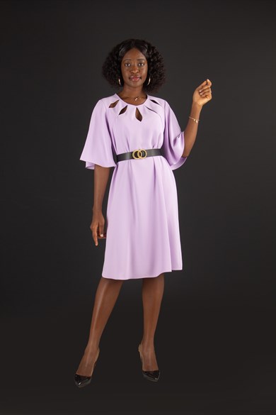 Key Hole Neck Bell Sleeve Big Size Dress - Lilac