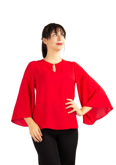Key Hole Neck Long Wide Sleeve Top - Red