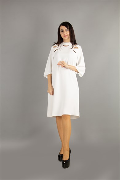 Key Hole Neck Short Sleeve Dress - White