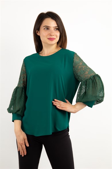 Lace Baloon Sleeves Big Size Blouse - Emerald Green