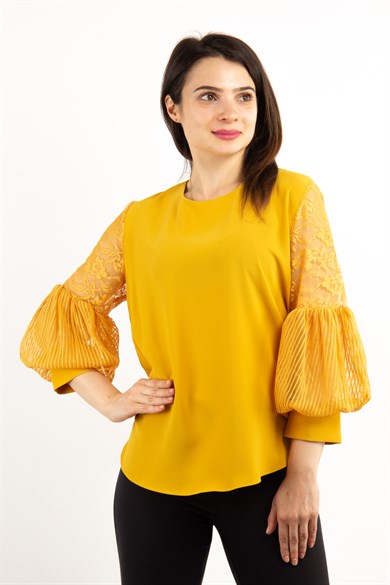 Lace Baloon Sleeves Big Size Blouse - Mustard