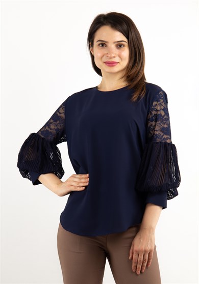 Lace Baloon Sleeves Big Size Blouse - Navy Blue