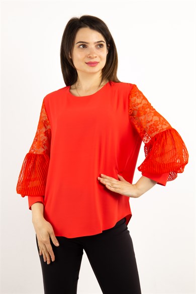 Lace Baloon Sleeves Big Size Blouse - Orange