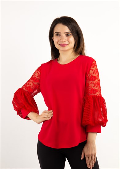 Lace Baloon Sleeves Blouse - Red