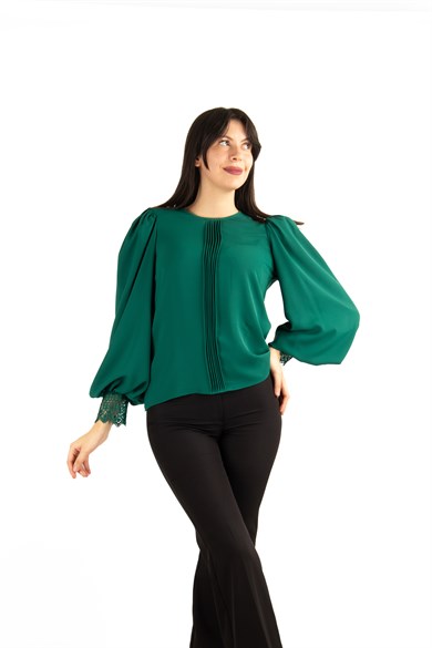 Lace Cuff Pleated Blouse - Emerald Green