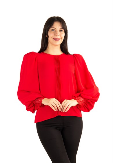 Lace Cuff Pleated Blouse - Red