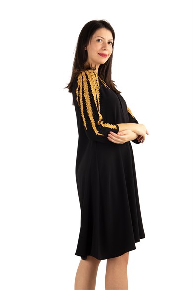 Lace Detail Shoulder V-Neck Dress - Black