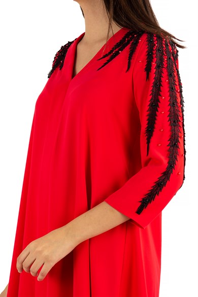 Lace Detail Shoulder V-Neck Dress - Red