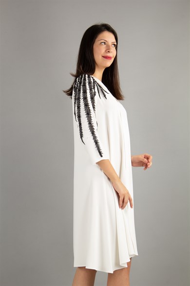 Lace Detail Shoulder V-Neck Dress - White