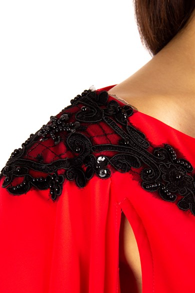 Lace Detailed Shoulder Slit Sleeve Cloak Dress - Red