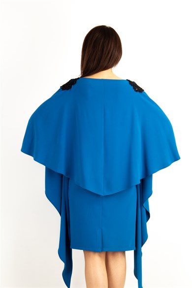 Lace Detailed Shoulder Slit Sleeve Cloak Big Size Dress - Petrol