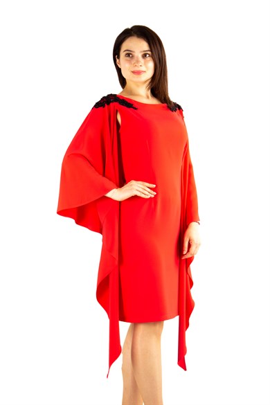 Lace Detailed Shoulder Slit Sleeve Cloak Big Size Dress - Red
