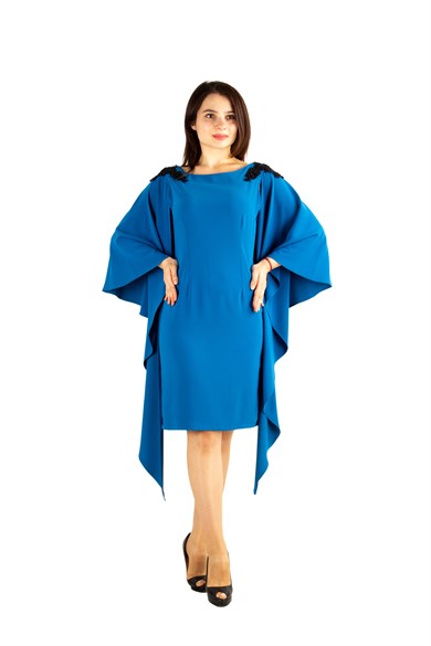Lace Detailed Shoulder Slit Sleeve Cloak Big Size Dress - Petrol