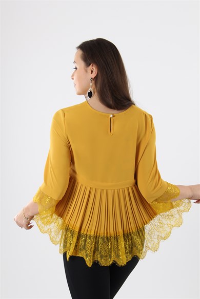Lace Pleated Detail Big Size Blouse