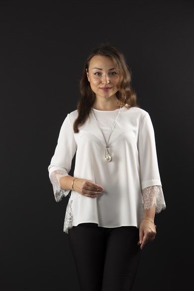 Lace Pleated Detail Big Size Blouse - White