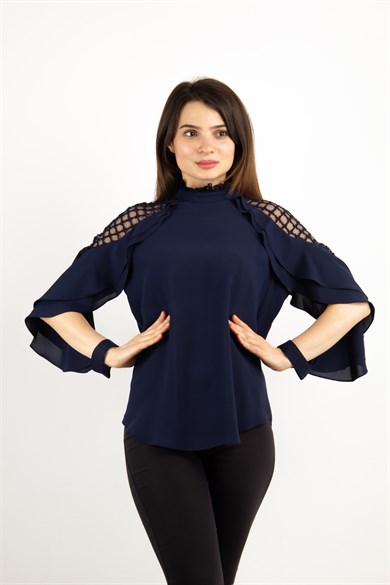 Lace Shoulder High Neck Ruffle Sleeve Blouse - Navy Blue