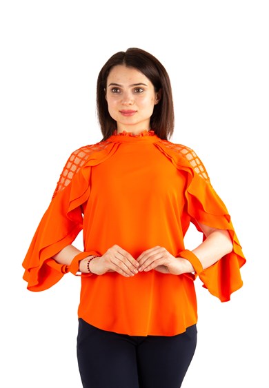 Lace Shoulder High Neck Ruffle Sleeve Blouse - Orange