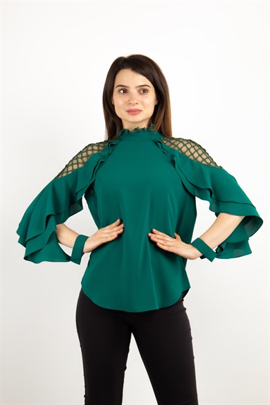 Lace Shoulder High Neck Ruffle Sleeve Blouse - Emerald Green