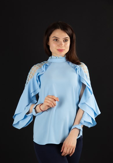 Lace Shoulder High Neck Ruffle Sleeve Blouse