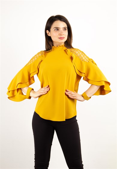 Lace Shoulder High Neck Ruffle Sleeve Blouse - Mustard
