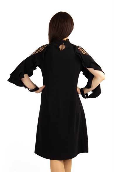 Lace Shoulders High Neck Ruffle Sleeves Dress - Black