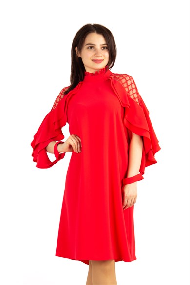 Lace Shoulders High Neck Ruffle Sleeves Dress - Red