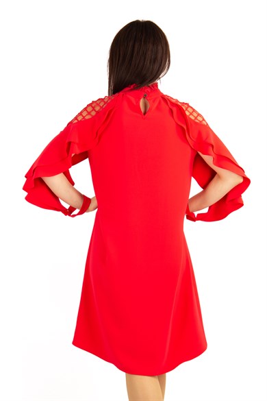 Lace Shoulders High Neck Ruffle Sleeves Big Size Dress - Red