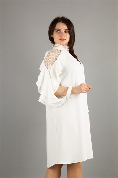 Lace Shoulders High Neck Ruffle Sleeves Dress - White