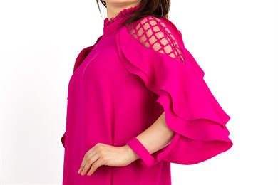 Lace Shoulders High Neck Ruffle Sleeves Dress - Fuchsia