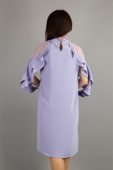 Lace Shoulders High Neck Ruffle Sleeves Big Size Dress - Lilac