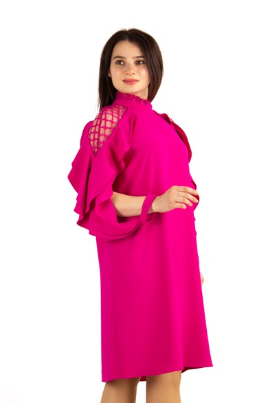 Lace Shoulders High Neck Ruffle Sleeves Big Size Dress - Fuchsia