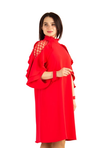 Lace Shoulders High Neck Ruffle Sleeves Big Size Dress - Red