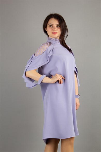 Lace Shoulders High Neck Ruffle Sleeves Dress - Lilac