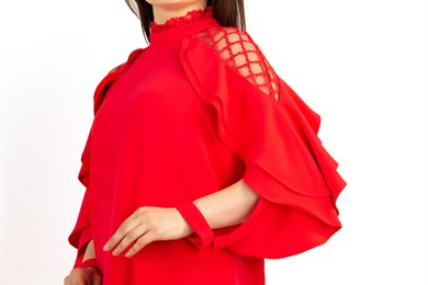 Lace Shoulders High Neck Ruffle Sleeves Dress - Red