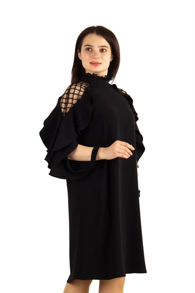 Lace Shoulders High Neck Ruffle Sleeves Big Size Dress - Black