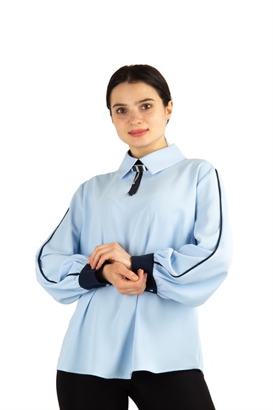Long Sleeve Brooch Detailed Collar Big Size Blouse - Baby Blue