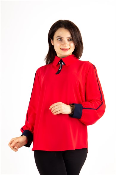 Long Sleeve Brooch Detailed Collar Big Size Blouse - Red