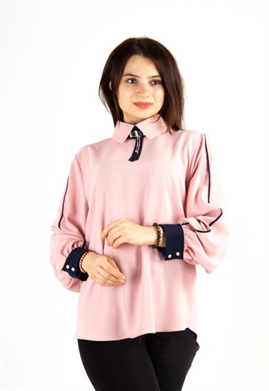 Long Sleeve Brooch Detailed Collar Big Size Blouse - Powder