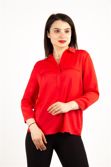 Metal Button Detail Classic Blouse - Red