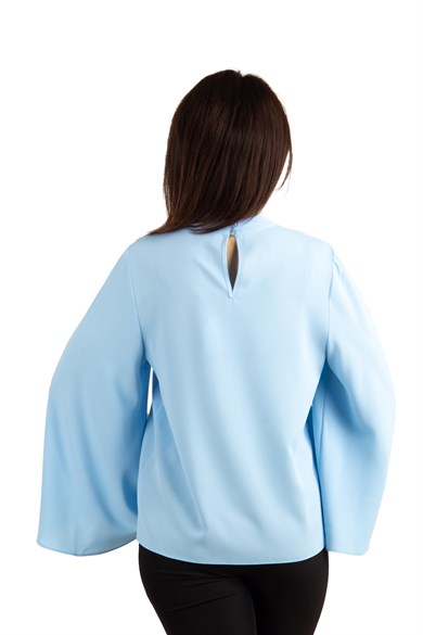 O Neck Long Wide Sleeve Big Size Top - Baby Blue