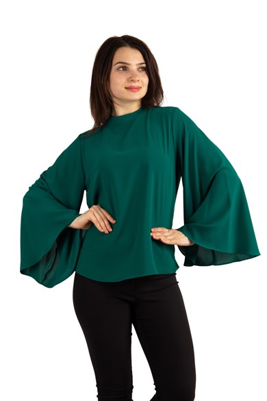 O Neck Long Wide Sleeve Big Size Top - Emerald Green