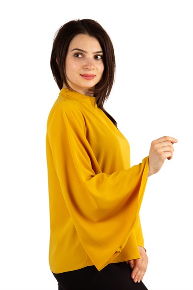 O Neck Long Wide Sleeve Big Size Top - Mustard