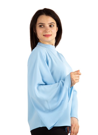 O Neck Long Wide Sleeve Top - Baby Blue