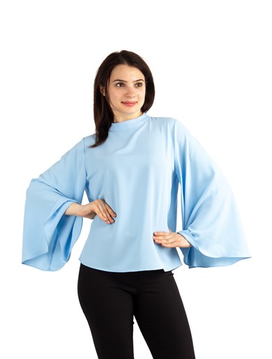O Neck Long Wide Sleeve Top - Baby Blue