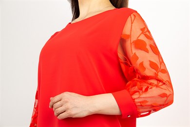 O Neck Tulle Sleeve Blouse - Red